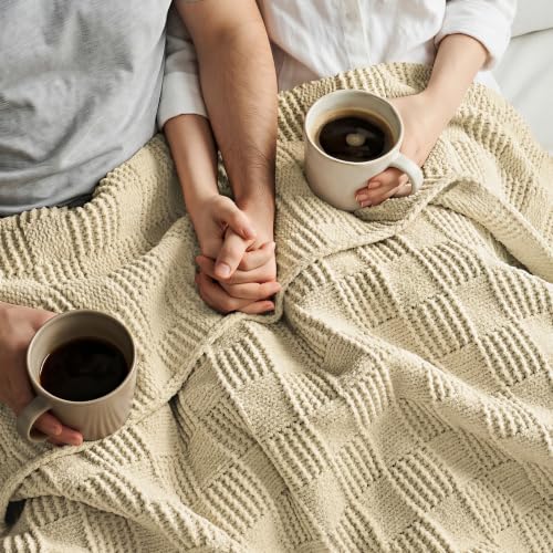 EVERGRACEHOME Modern Checkered Chenille Throw Blanket, 50x60, Beige - color: Beige, size: 50" X 60"