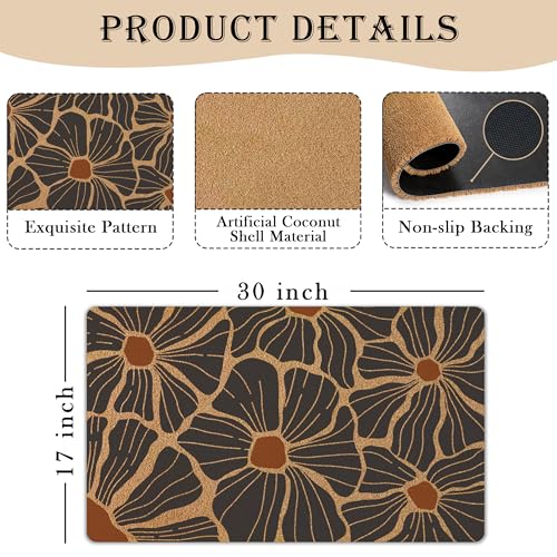 Boho Abstract Floral Door Mat,Mid Century Modern Black Flower Front Door Mat Rug Outdoor Indoor Entrance, Retro Bohemian Botancial Artificial Coir Doormat for Porch Patio, 30x17 Inch