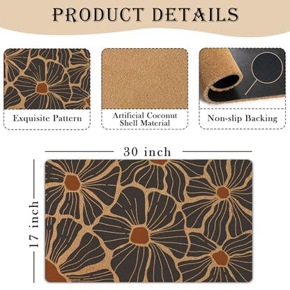 Boho Abstract Floral Door Mat,Mid Century Modern Black Flower Front Door Mat Rug Outdoor Indoor Entrance, Retro Bohemian Botancial Artificial Coir Doormat for Porch Patio, 30x17 Inch
