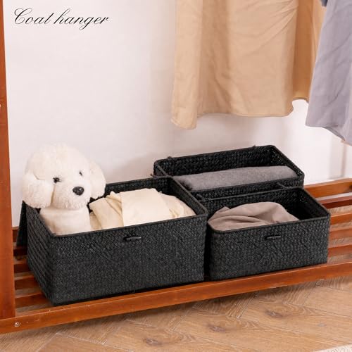 Nonam Wicker Storage Basket with Lid,Seagrass Shelf Basket Set of 3,Black - color: Standard Black* Set of 3
