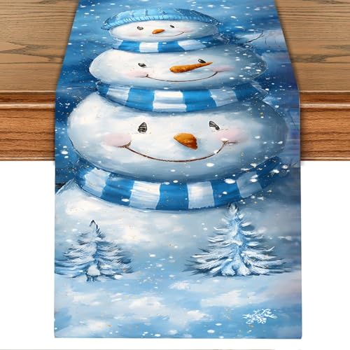 Christmas Snowman Table Runner for Dining Table, Winter Holiday Party Decor, Blue Snowflake Printed Long Tablecloth Runner for Kitchen, Christmas Dinner, Home Decoration, Holiday Table Setting - color: 106