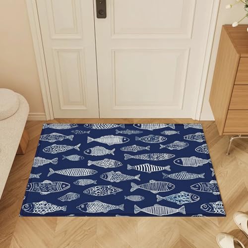 Blue Fish Coir Bath Mat Rug, Door Mat Doormat Entrance Non-Slip Bathroom Rugs for Entryway Bathroom Kitchen 17 x 30 Inch - color: Blue Fish Coir