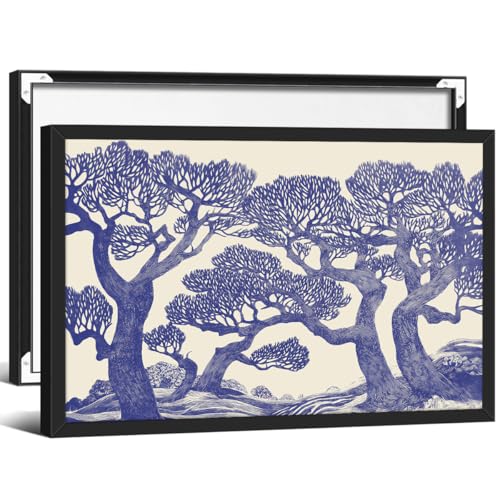 Blue Oak Tree Forest Wall Art Vintage Woodland Landscape Poster 16X24 inch Black Framed Nature Botanical Canvas Prints for Farmhouse Room Wall Decor - color: Vintage-5, size: 24"L x 16"W, style: Framed