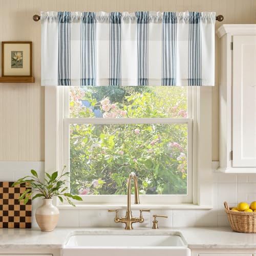 jinchan Linen Balanced Stripe Valances for Window 16 inch,Blue,1 Panel - color: Balanced Stripe | Blue, size: 50"W x 16"L (Pack of 1)