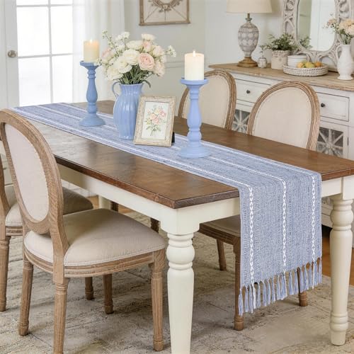 Dusty Blue Table Runner 15 x 72 Inches, Cotton Linen Farmhouse Dresser Runner Cover Top, Rustic Blue and White Coastal Table Decor for Dining Room, Kitchen, Wedding, Party, Fall Christmas Home Decor - color: Dusty Blue, size: 72 inch