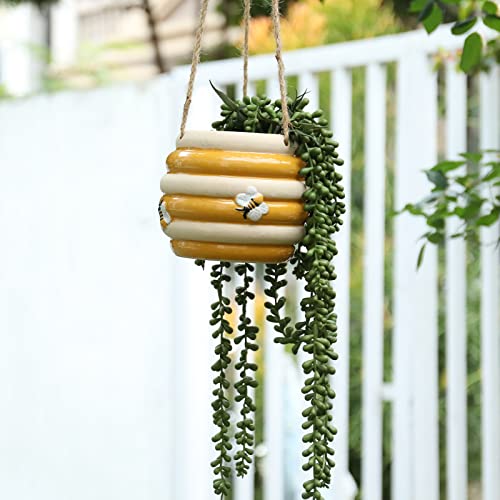 Hanging Ceramic Planter 5 Inch Cute Bee Plant Pots - color: Yellow