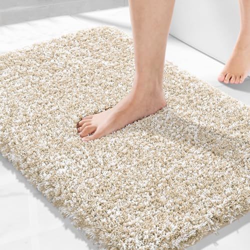 Yimobra Bathroom Rugs Non Slip Washable 32x20, Plush Bath Mat, Beige&White - color: Light Beige and White, size: 32" X 20"