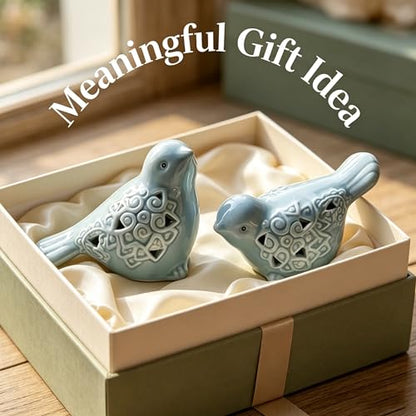 Ceramic Bird Figurines Set of 2, Blue Birds Shelf Decor
