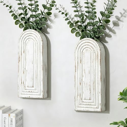 Handmade Wooden Wall Vases Set of 2 for Plants - color: Washed White