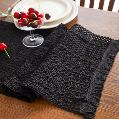 Simple&Opulence Boho Macrame 100% Cotton Table Runner - 12 x 72 Inch, Woven Farmhouse Table Runner with Tassels for Bohemian Rustic Wedding, Bridal Shower, Dinner （Black） - size: 12"x72", style: Cotton / Black