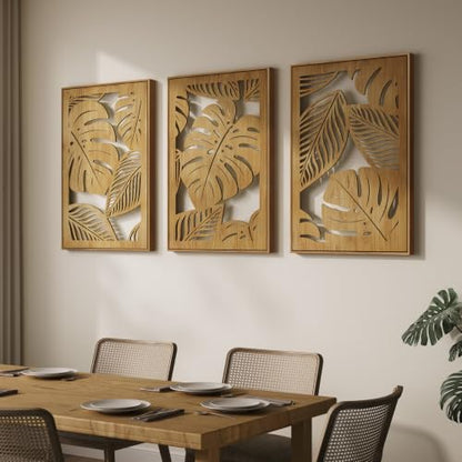 Large Framed Boho Cutout Carved Wood Wall Art for Living Room, 24x36 Inch - color: Natural Color