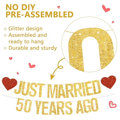 Gold Glitter Just Married 50 Years Ago Banner,NO DIY,Pre-Strung 50th Wedding Anniversary Party Decorations 50 Years Blessed & Loved Garland Sign We Still Do 50th Party Supplies - color: 50gold
