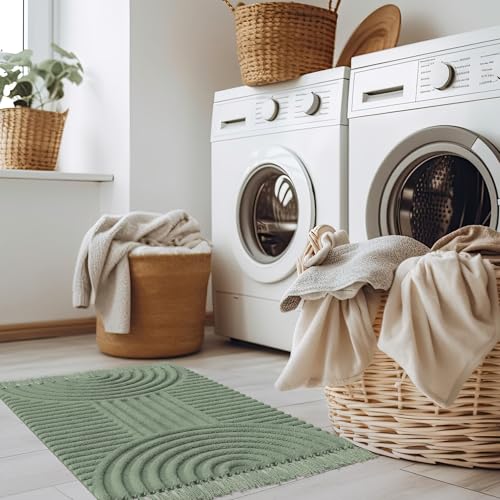 Beautiful Boho Rug with Tassels for Bathroom - Soft 2x3 ft Cotton - color: Sage Green, size: 2' x 3' (Rectangular)