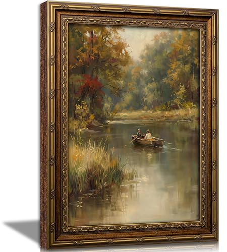 Vintage Gold Framed Autumn Lake Landscape Wall Art, Rustic Farmhouse Canvas - color: Lake Landscape, size: 16"LX12"W