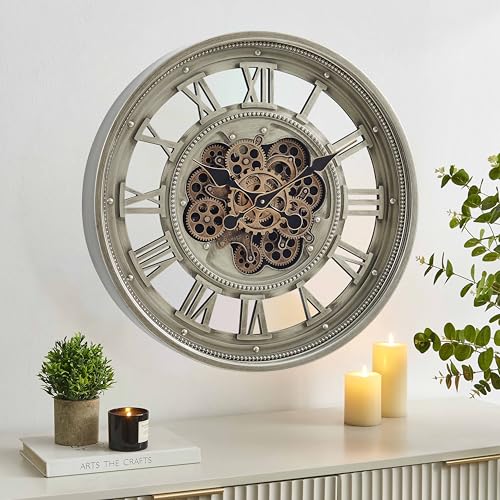 CLXEAST 24" Moving Gear Wall Clock for Living Room, Antique Champagne | Metal Case, Tempered Glass Lens, SIilent Non Ticking, Industrial Farmhouse Wall Clock for Dinning Room & Home Office - color: 24" Antique Champagne