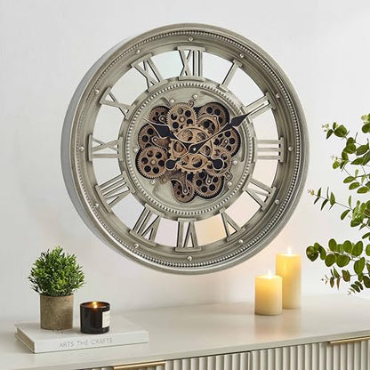CLXEAST 24" Moving Gear Wall Clock for Living Room, Antique Champagne | Metal Case, Tempered Glass Lens, SIilent Non Ticking, Industrial Farmhouse Wall Clock for Dinning Room & Home Office - color: 24" Antique Champagne
