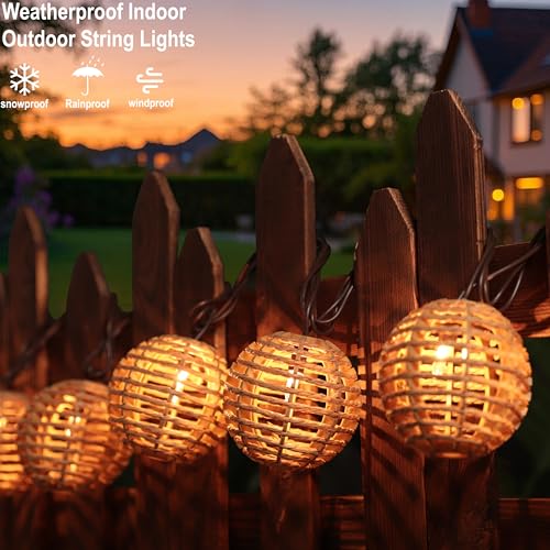 TWINKVILLA Decorative String Lights Plug in with 10 Incandescent Bulbs, Natural Rattan Globe Boho Lantern String Lights Connectable Weatherproof Outdoor Indoor for Bedroom Patio Pergola Decor