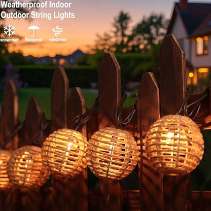 TWINKVILLA Decorative String Lights Plug in with 10 Incandescent Bulbs, Natural Rattan Globe Boho Lantern String Lights Connectable Weatherproof Outdoor Indoor for Bedroom Patio Pergola Decor