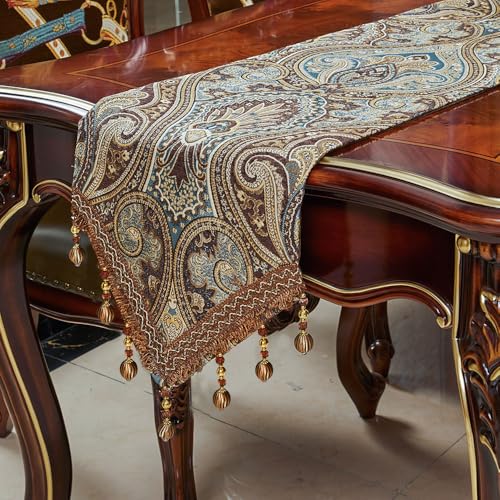 Luxury Vintage Design Table Runners 72 inches Long Embroidery Jacquard Fabric with Multi-Tassels Table Runners for Dining Room Dresser Wedding Holiday Party Fireplace Decorations (Coffee, 12X72inch) - color: Coffee, size: 12X72inch