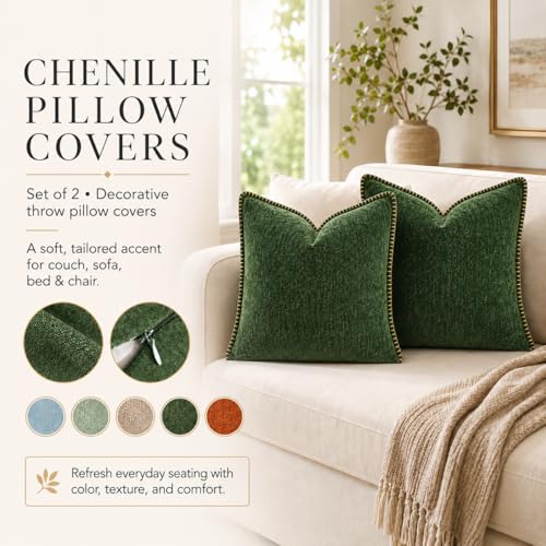 Green Throw Pillow Covers 18x18 Inch, Pack of 2 Chenille - color: Chenille-dgreen