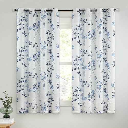 Beauoop Floral Linen Semi Sheer Curtains Living Room Blue Navy 50x63 2 Set - color: Grommet | Blue and Navy, size: 50"W x 63"L (Pack of 2)
