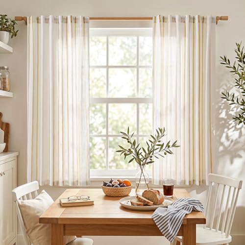 Vangao Striped Curtains Yellow on White Semi Sheer Curtains 63 Inches Long - color: Shadow Striped| Mustard Yellow on Off White, size: 50"W x 63"L (Pack of 2)