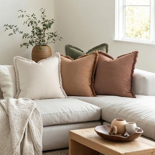 MIULEE Fall Linen Fringe Pillow Covers Set of 4 24x24 Beige/Brown/Green - color: Brown Green, size: 24" x 24" (Pack of 4)