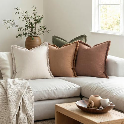 MIULEE Fall Linen Fringe Pillow Covers Set of 4 24x24 Beige/Brown/Green - color: Brown Green, size: 24" x 24" (Pack of 4)
