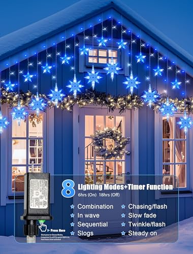 Star Icicle Lights Outdoor,126 Led 12 Star Hanging String Light - color: Blue White