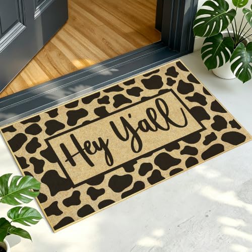Hey Y'all Welcome Mat Outdoor Cow Print Mat for Front Door Outside Entrance | Western Welcome Door Mat, Low Profile Entry Rug, Housewarming Gift Farmhouse Porch Decor, for Patio Floor Home Decor 17"x30" - color: Hey Y'all