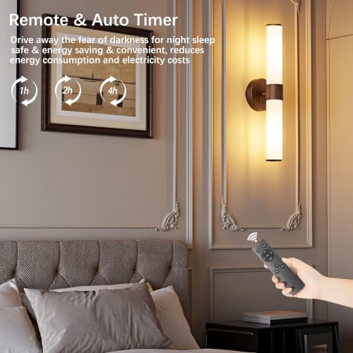 8000mAh Walnut Battery Operated Wall Sconces Set of 2, Dimmable Rechargeable Wall Sconce with Remote, 20 Inch Wireless White Glass Shade Wall Light for Bedroom Living Room Entryway (Bulbs Included) - color: Walnut（White Glass）