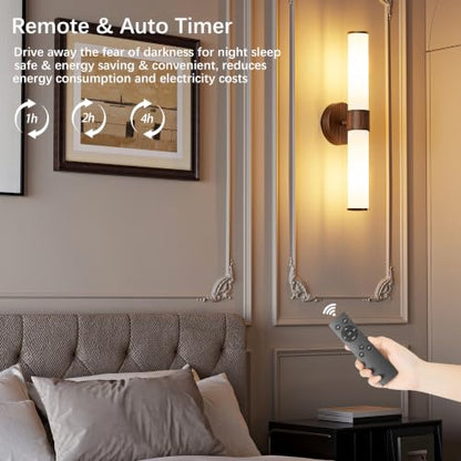 8000mAh Walnut Battery Operated Wall Sconces Set of 2, Dimmable Rechargeable Wall Sconce with Remote, 20 Inch Wireless White Glass Shade Wall Light for Bedroom Living Room Entryway (Bulbs Included) - color: Walnut（White Glass）