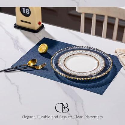Placemats Set of 6 - Easy Clean Woven Vinyl Placemats for Dining Table, Indoor/Outdoor Place Mats, Washable PVC Table Mats（Navy Blue） - color: A-navy Blue
