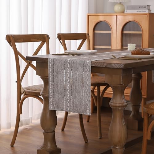 Gernaice Boho Table Runner, Rustic Embroidered Cotton Linen Farmhouse Table Runners for Holiday Wedding Dining Living Room Bedroom Home Decor, 72" L X 13" W Dark Brown - size: 13" X 72", style: Hemstitched Coffee
