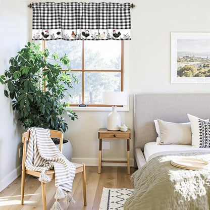 Buffalo Check Plaid Valances for Windows Farmhouse Rooster Kitchen Curtains Rustic White and Black Design Window Treatment Rod Pocket Valances for Kitchen Living Room 54 x 18 Inch, 1 Panel - color: Black and White