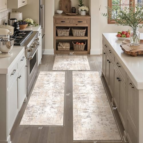 Washable Beige Grey Neutral Kitchen Runner Rug Set of 3 - color: Abstract | Beige Grey, size: 20"x32"+20"x48"+20"x59"