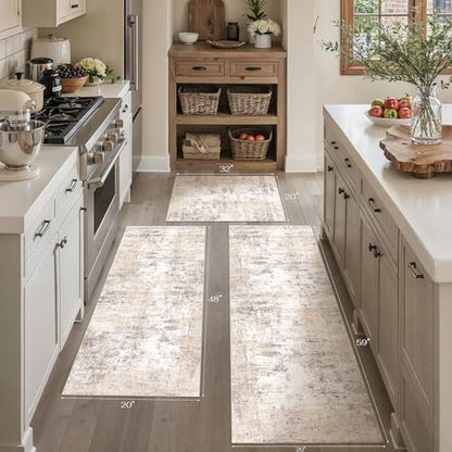 Washable Beige Grey Neutral Kitchen Runner Rug Set of 3 - color: Abstract | Beige Grey, size: 20"x32"+20"x48"+20"x59"