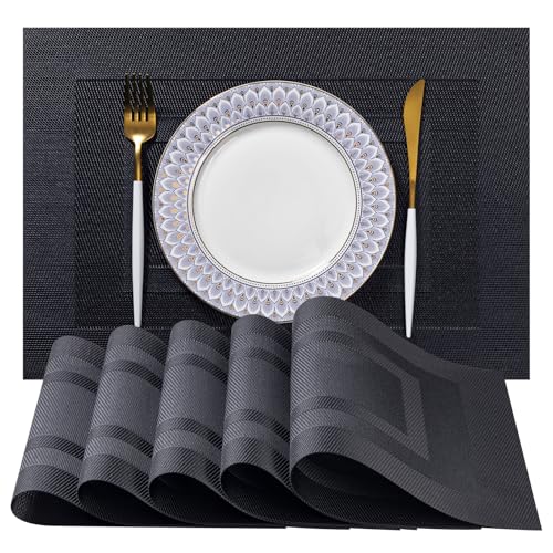 LEXMORE Placemats Set of 6 Vinyl/Plastic Woven Place Mats for Kitchen Table Indoor/Outdoor Washable Placemat Wipeable Dining Table Mats(Black Cube) - color: G-black Cube