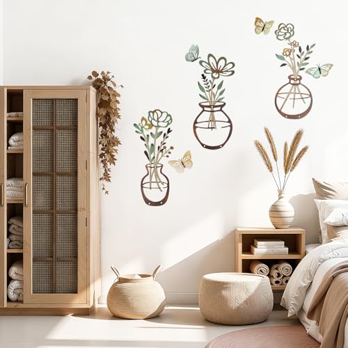 3 Pcs Metal Flower Wall Art with Butterflies, Rustic Boho Farmhouse Decor - color: green-03
