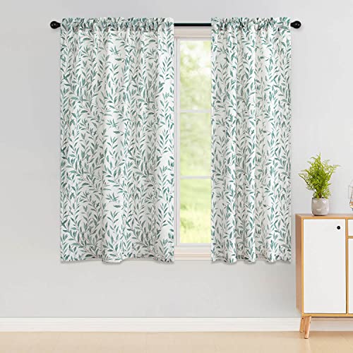 VOGOL Faux Linen Short Curtain, Blue Leaf Pattern Drapes, 42 x 54, 2 Panels - color: Blue, size: 42"W x 54"L (Pack of 2)