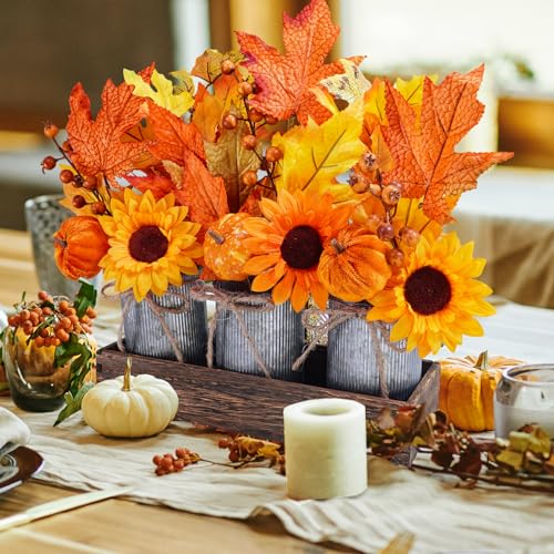 Winlyn Set of 3 Small Potted Maple Arrangement Artificial Maple Leaf Branches Faux Fall Picks and Sprays in Rustic Galvanized Metal Pots with Decorative Wood Tray
