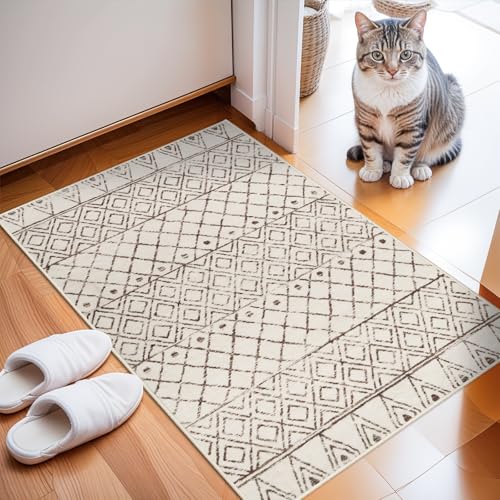 2x3 Small Rug Washable Rug: Moroccan Kitchen Low Pile Area Rugs Beige - color: Geo Beige, size: 2' x 3' (Rectangular)