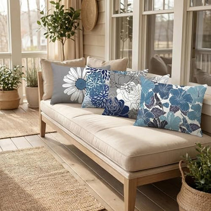 COMMINY Blue Grey Lumbar Pillow Covers 12x20 Set 6 Linen Throw Cover - color: Blue Daisy, size: 20" x 12" (Pack of 6)