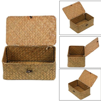 Seagrass Wicker Storage Basket with Lid, Medium, Natural - color: Natural, size: 10.23" x 6.3" x 4.13"