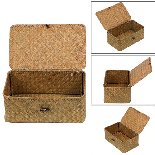 Seagrass Wicker Storage Basket with Lid, Medium, Natural - color: Natural, size: 10.23" x 6.3" x 4.13"