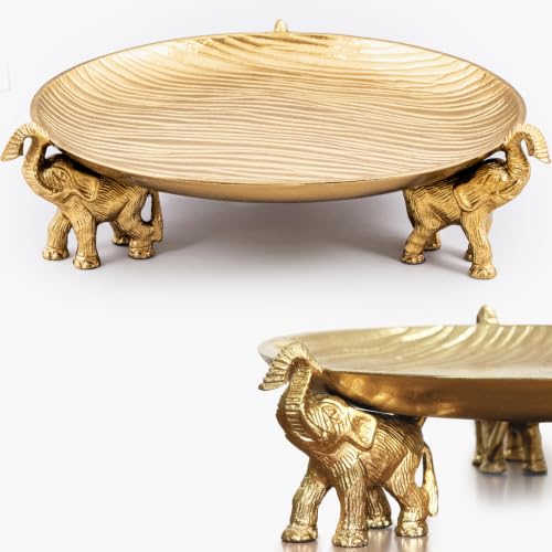 Golden Tray with Elephant Stand - Round Decorative Coffee Table Centerpiece - color: Golden