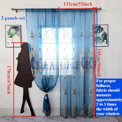 Amidoudou Rod Pocket Curtains European Luxury Sheer Embroidered Curtains for Living Room Bedroom (Blue,52" W x 96" L (Pack of 2)) - color: Blue, size: 52"W x 96"L (Pack of 2)
