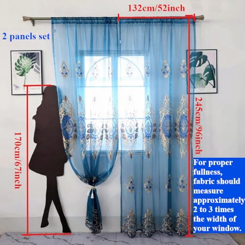 Amidoudou Rod Pocket Curtains European Luxury Sheer Embroidered Curtains for Living Room Bedroom (Blue,52" W x 96" L (Pack of 2)) - color: Blue, size: 52"W x 96"L (Pack of 2)
