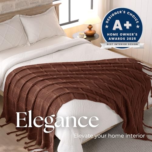Boho Knitted Chenille Blanket with Tassels - Lightweight & Soft All-Season Throw - 3D Classic Pattern for Living Room Bedroom Couch, Copper Brown, Throw 50"x60" - color: Copper Brown, size: Throw