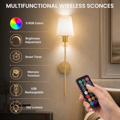 Battery Operated Wall Sconces Set of 2,5200mAH Magnetic Bulb and Remote